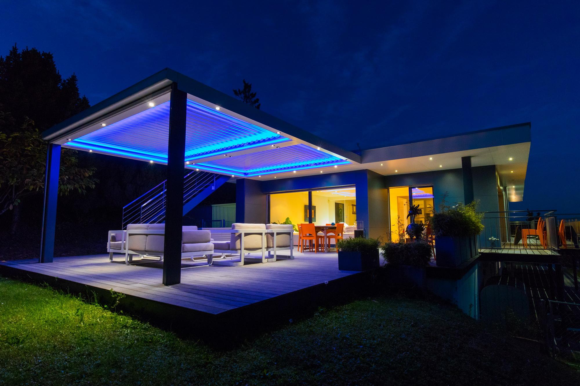 Pergola with spotlight and RGB LED from below 